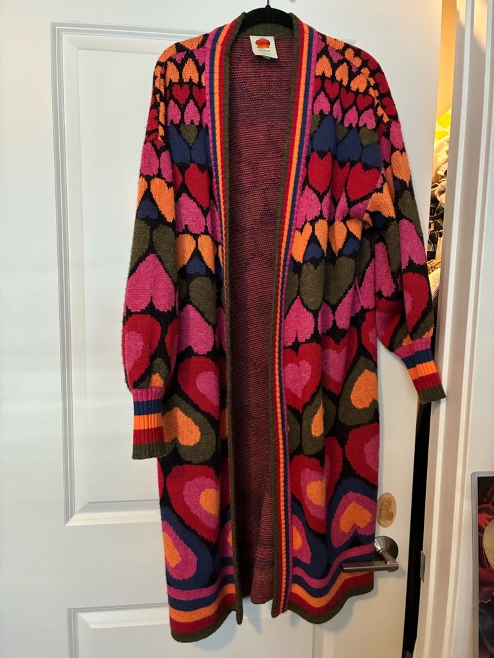 Farm Rio Heart Long Open Cardigan in Pink, Red, Orange, Navy & Olive